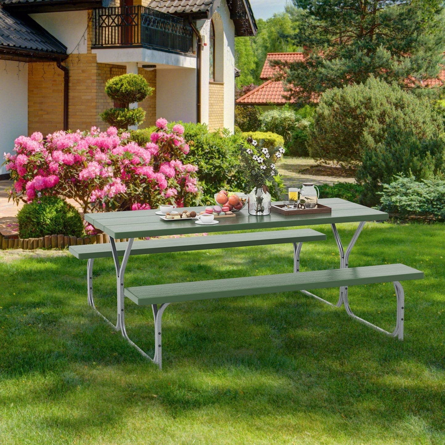 6 FT Picnic Table Bench Set Dining Table and 2 Benches with Metal Frame and HDPE Tabletop, Green at Gallery Canada