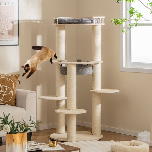5-Level Wooden Cat Tree, Padded Perch, Non-Woven Hammock, Gray Cat Trees Condos & Scratchers Gray at Gallery Canada