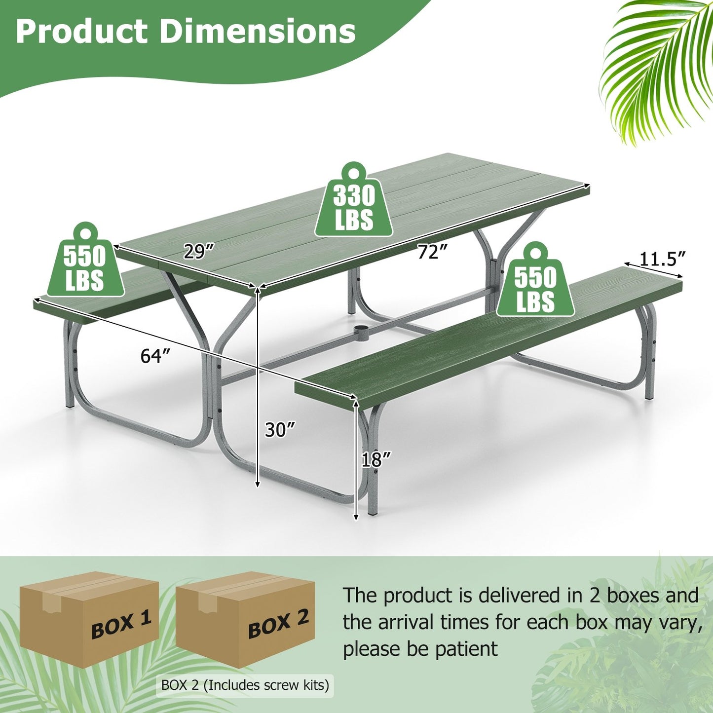 6 FT Picnic Table Bench Set Dining Table and 2 Benches with Metal Frame and HDPE Tabletop, Green