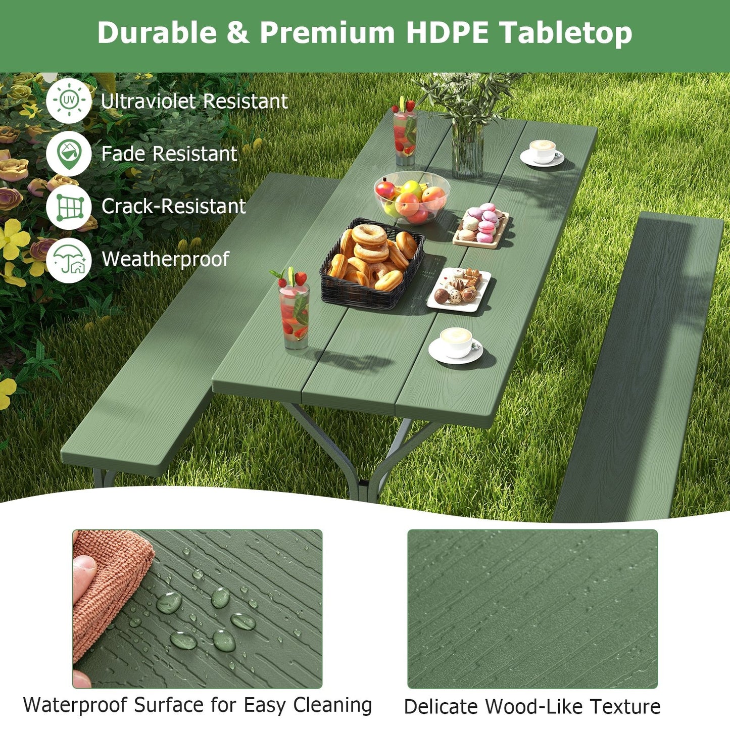 6 FT Picnic Table Bench Set Dining Table and 2 Benches with Metal Frame and HDPE Tabletop, Green