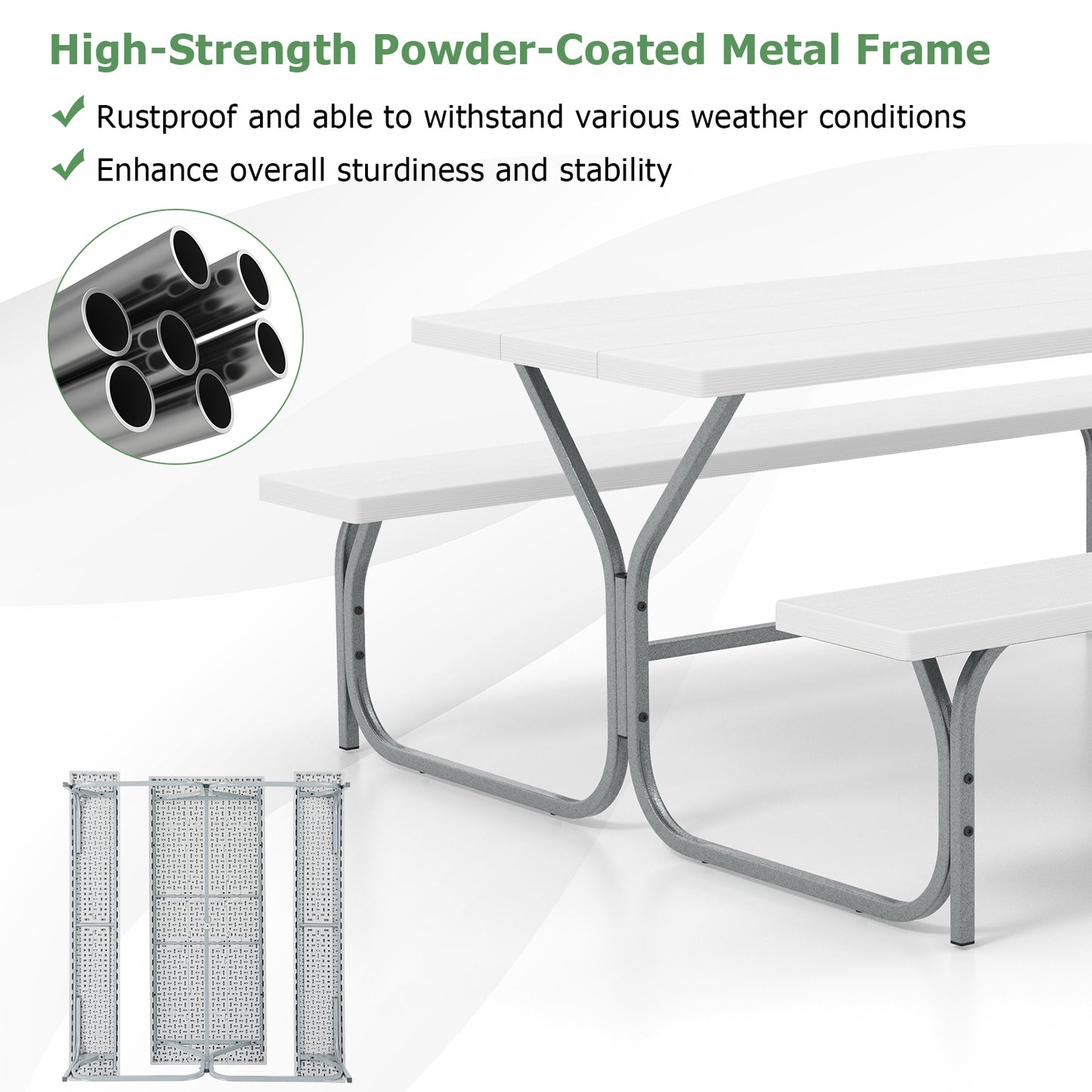 6 FT Picnic Table Bench Set, Metal Frame, HDPE Tabletop, White Picnic Tables at Gallery Canada