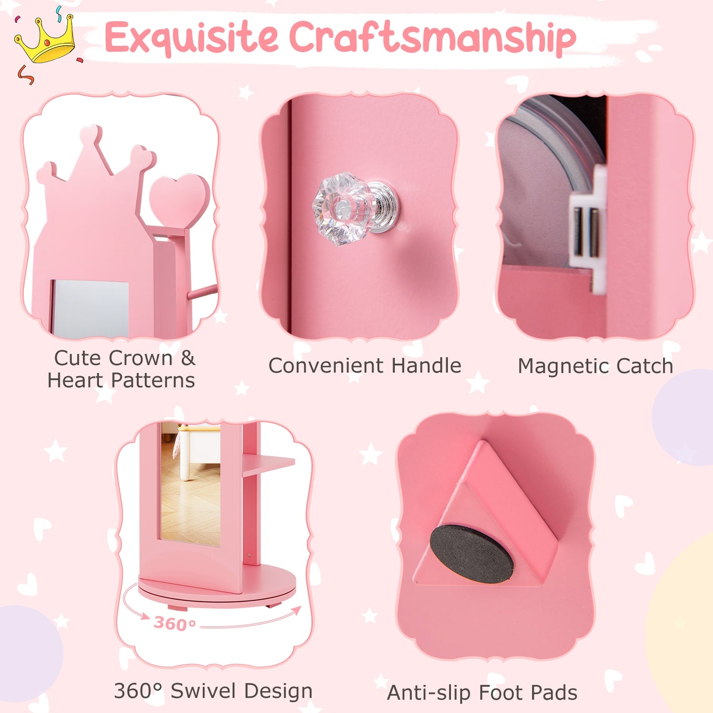 Kids Room Furniture Set Princess Vanity Table and Stool Set with Mirror and Drawer, Pink Kids Vanities at Gallery Canada