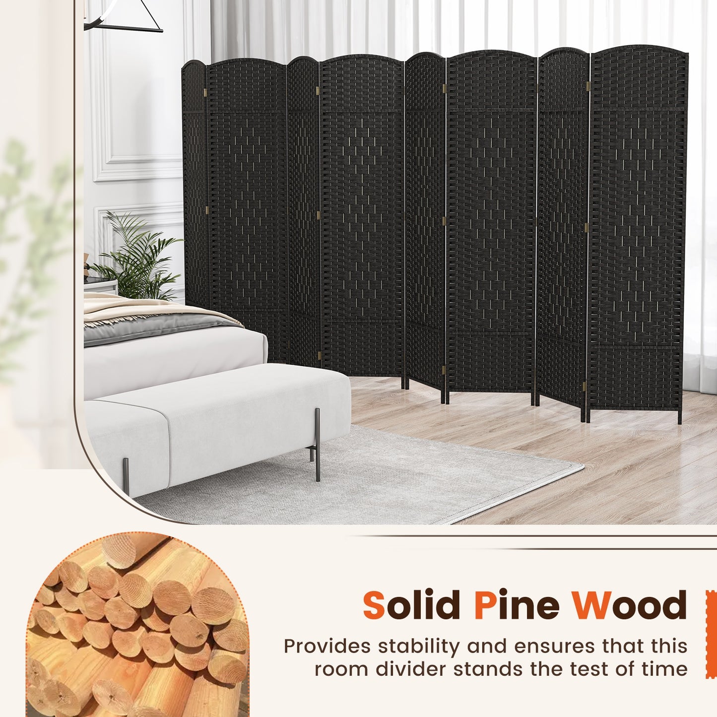 8-Panel Folding Room Divider with Hand-Woven Texture and Solid Wood Frame, Black Room Dividers at Gallery Canada