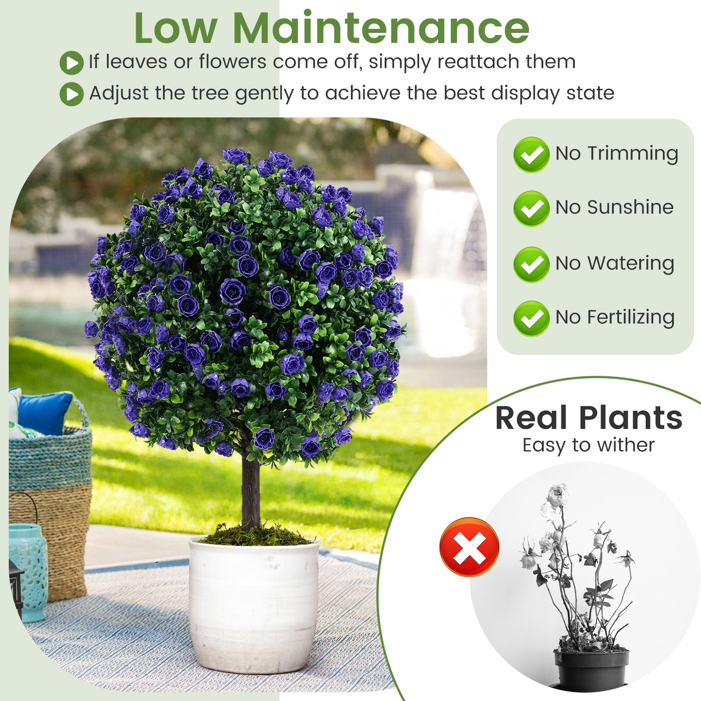 22 Inch Artificial Rose Topiary Ball Trees, Cement Pot, Purple Faux Plants at Gallery Canada