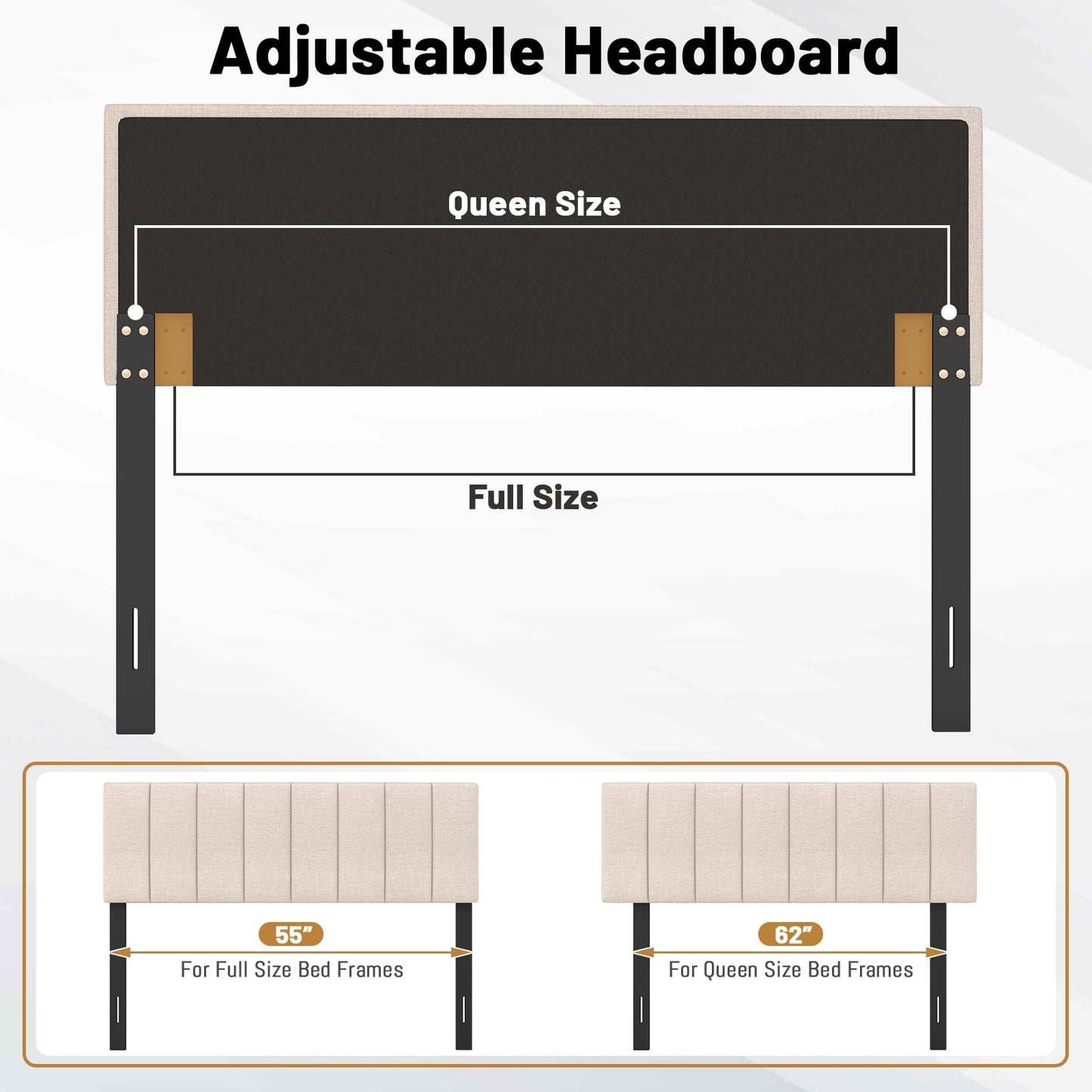 Linen Upholstered Headboard, Solid Wood Legs, Adjustable Width, Beige