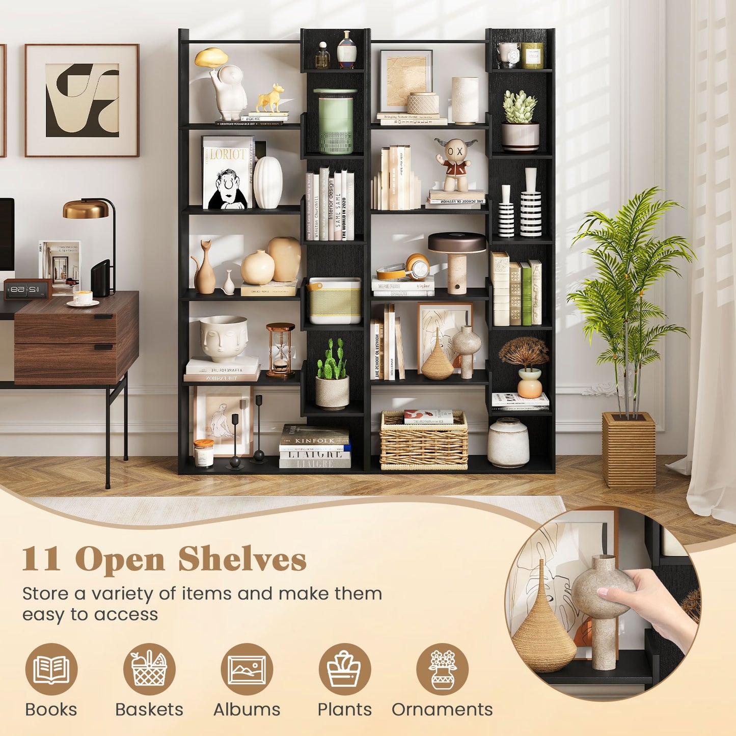 6-Tier Wooden Bookshelf, With Anti-Tipping Kits, Black