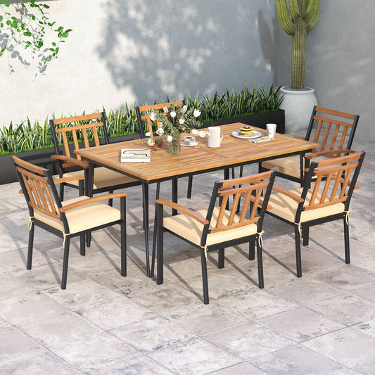 63 Inch Rectangular Outdoor Dining Table for 6 People with Acacia Wood Tabletop and Umbrella Hole-63 inches, Natural & Black Patio Dining Tables Natural & Black at Gallery Canada