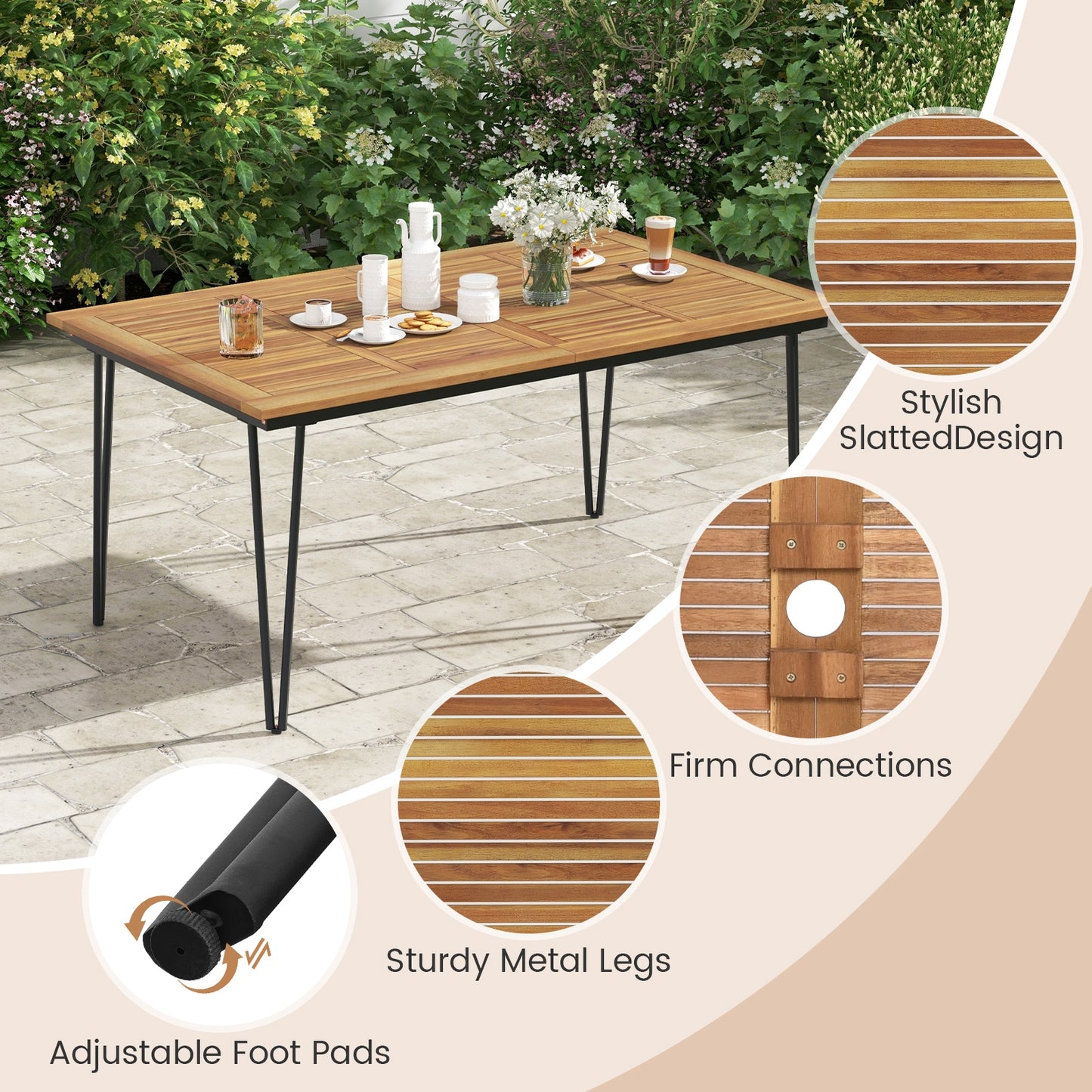 63 Inch Rectangular Outdoor Dining Table, Acacia Wood, Natural, Black Patio Dining Tables at Gallery Canada