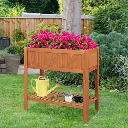 Outdoor Raised Garden Bed, Fir Wood Planter Box With Storage Shelf, Brown Raised Garden Beds Brown at Gallery Canada