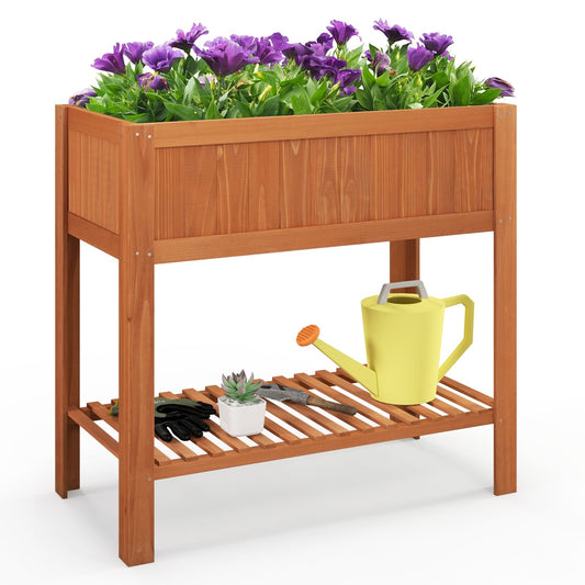 Outdoor Raised Garden Bed Fir Wood Planter Box with Bottom Storage Shelf and Protective Liner, Brown
