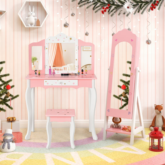 Kids Vanity Set, Jewelry Armoire Cabinet, Full-Length Mirror, Pink