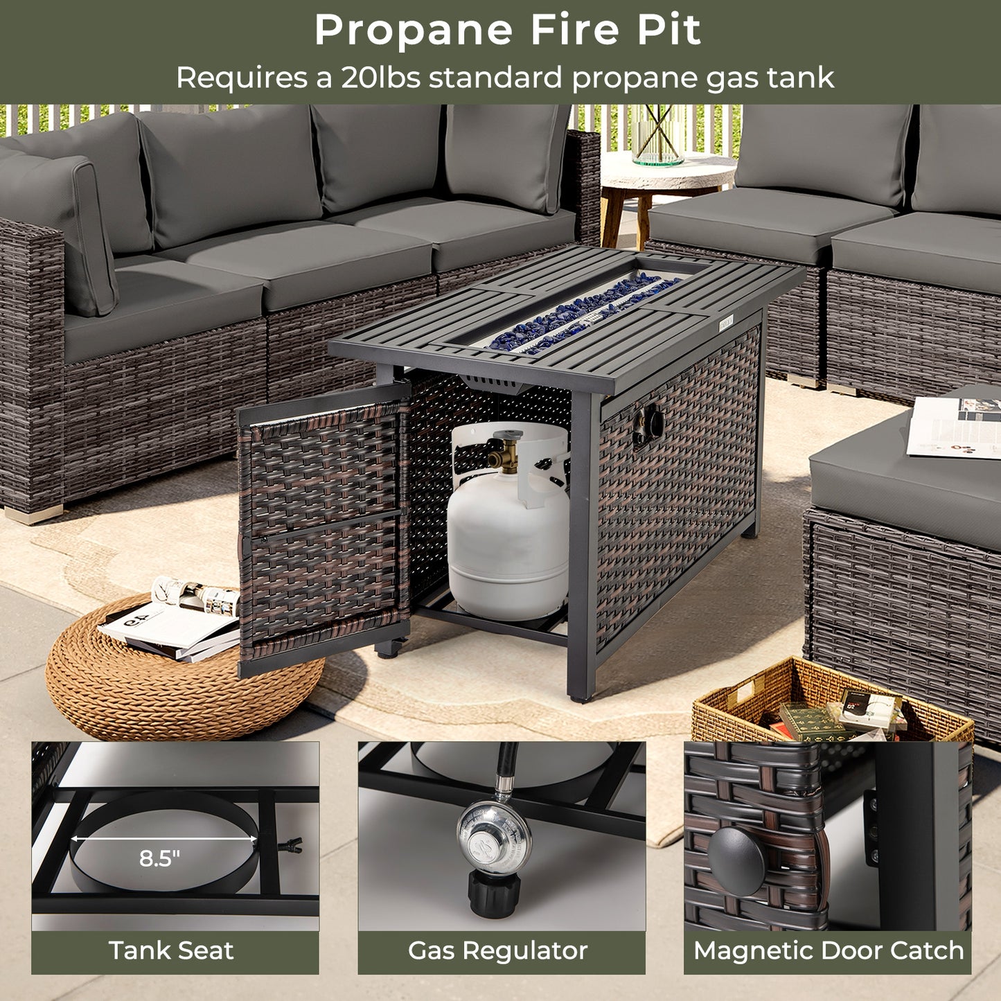 45 Inch Propane Rattan Firepit Table, Mixed Brown Fire Pit Tables at Gallery Canada