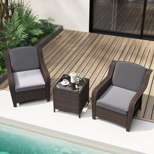 Outdoor Rattan Furniture Set, 3 Pieces, With Cushions And Glass Table, Gray Patio Conversation Sets Gray at Gallery Canada