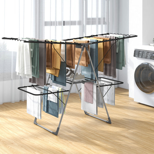 2-Tier Clothes Drying Rack with 33 Drying Rails and Height Adjustable Gullwings, Silver Drying Racks Silver at Gallery Canada