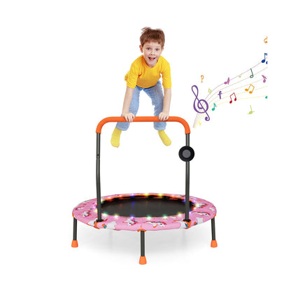 36 Inch Mini Trampoline with Colorful LED Lights and Bluetooth Speaker, Pink