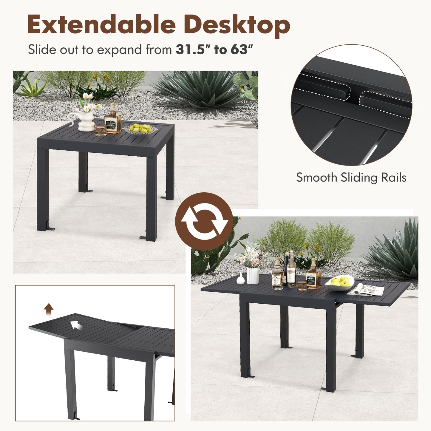 Ensemble de Table de Salle à Manger Extensible en Aluminium pour Extérieur avec 4 Chaises Empilables