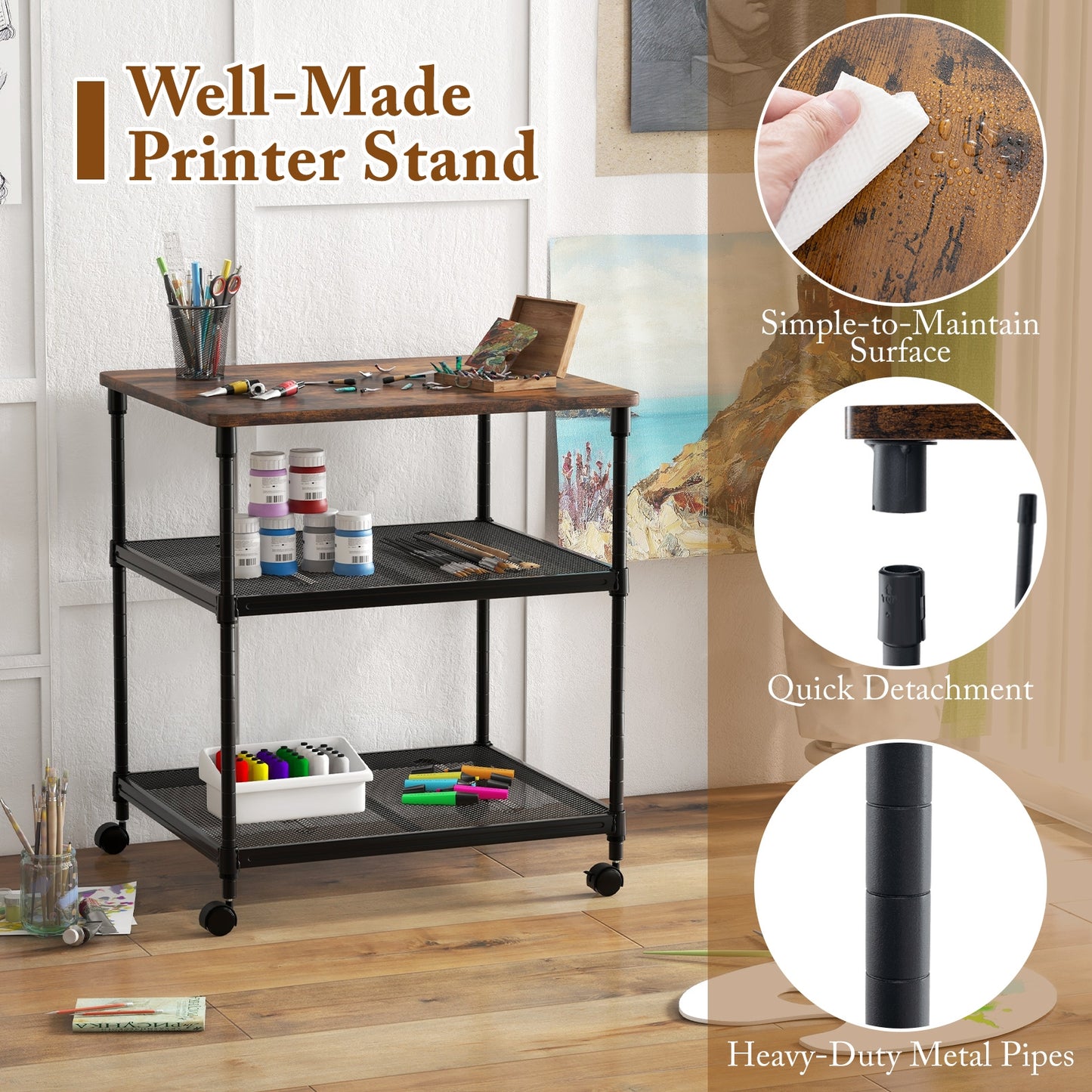 3 Tier Printer Stand Rolling Fax Cart with Adjustable Shelf and Swivel Wheels, Coffee Laptop Tables & Printer Stands at Gallery Canada