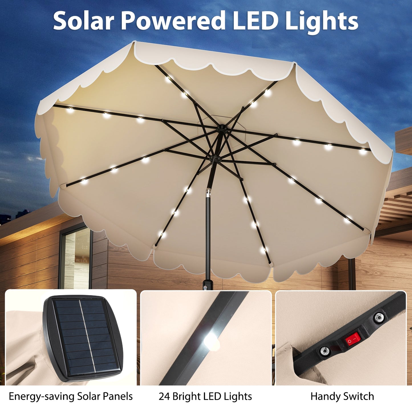 10 Feet Solar Patio Umbrella, 24 LED Lights, Beige Outdoor Umbrellas at Gallery Canada