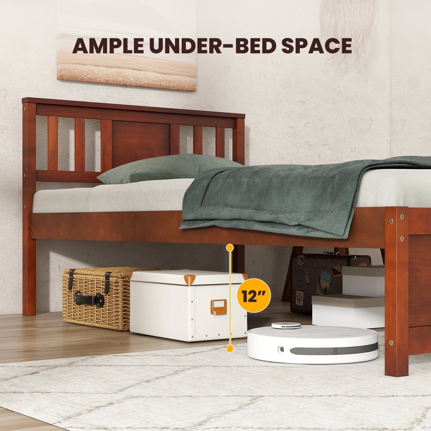 Wooden Platform Bed With Headboard, Twin Size, Walnut Simple Bed Frame at Gallery Canada