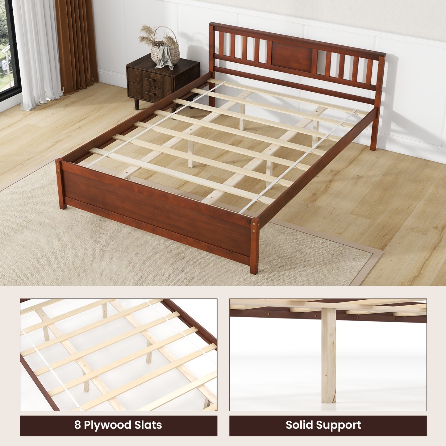 Wooden Platform Bed with Headboard and Slat Support-Queen Size, Walnut Simple Bed Frame at Gallery Canada