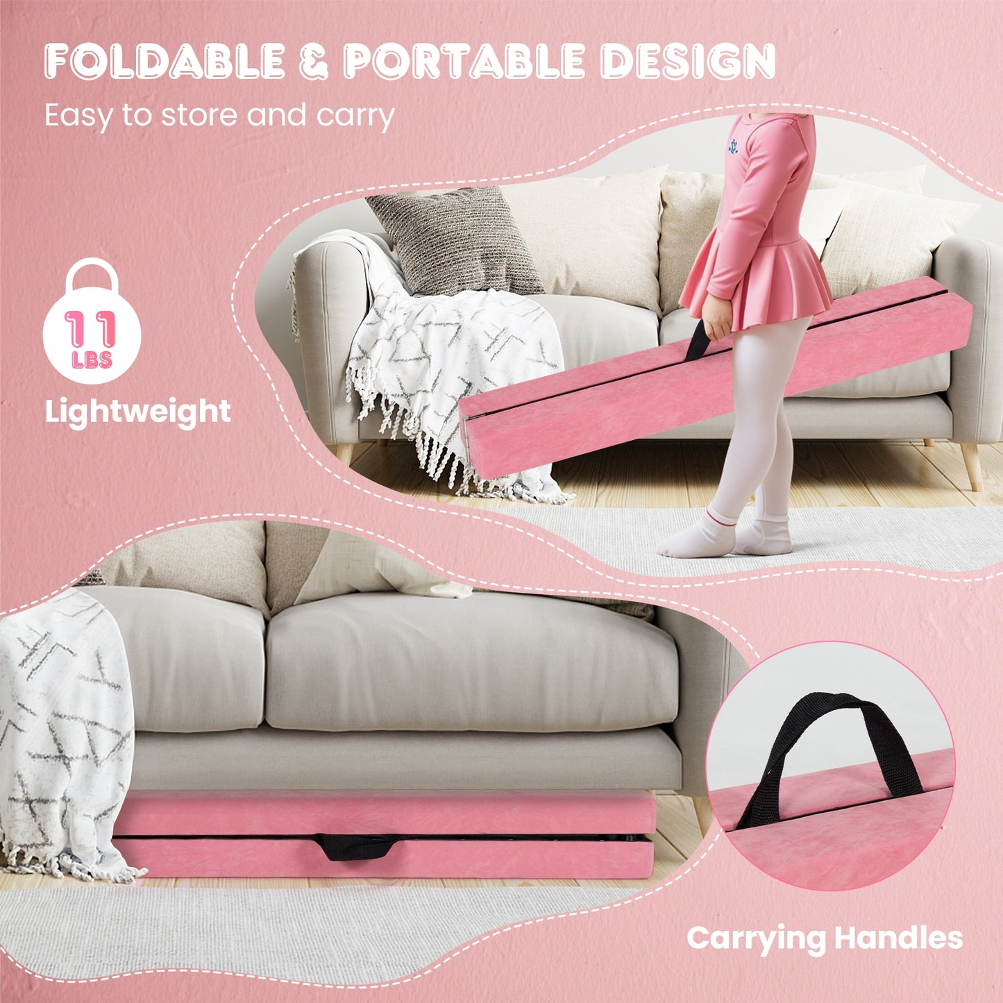 9 FT Folding Balance Beam, Anti-Slip Base, Pine Wood Frame, Pink Yoga & Gym Mats at Gallery Canada
