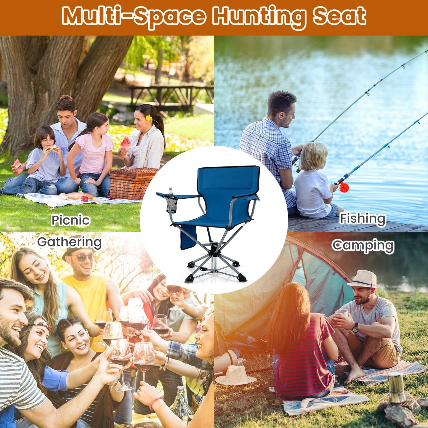 360° Swivel Hunting Chair, Portable Foldable, Mesh Cup Holder, Storage Pockets, Blue Camping Furniture at Gallery Canada