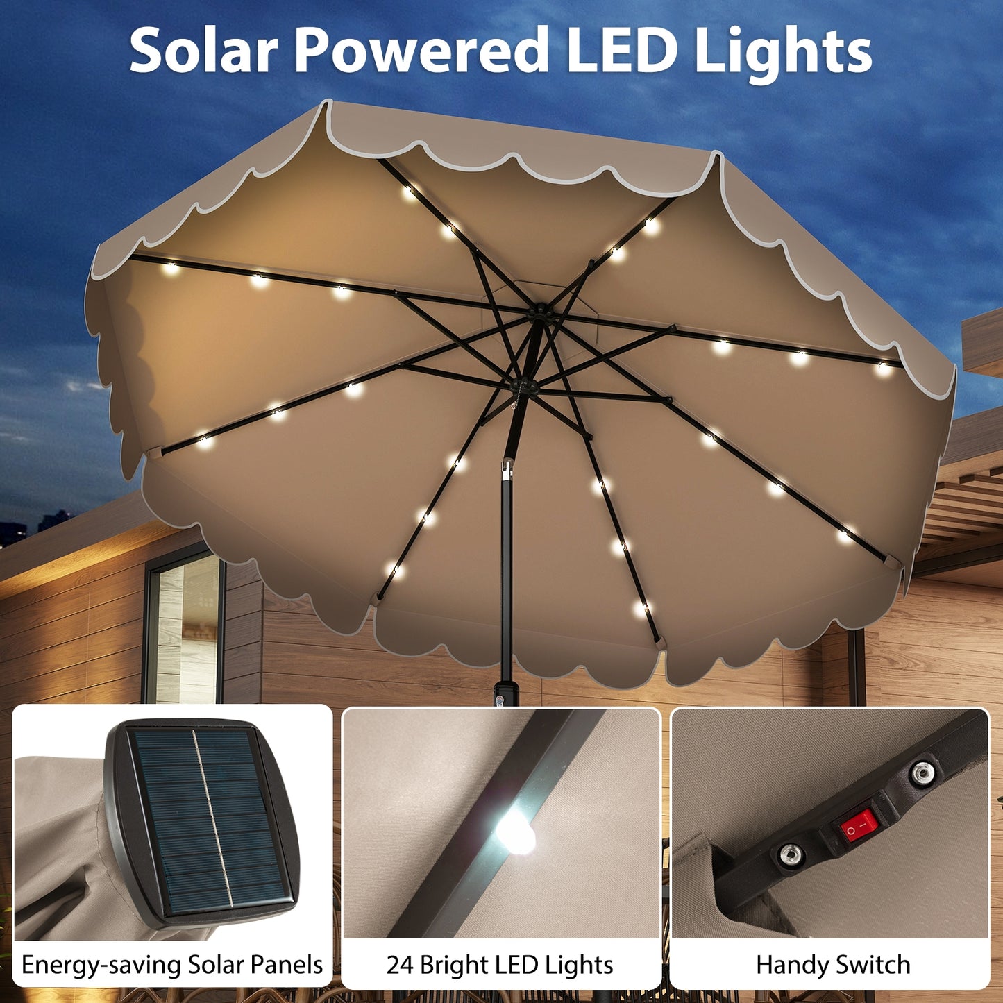 10 Feet Solar Patio Umbrella, 24 LED Lights, Coffee Outdoor Umbrellas at Gallery Canada