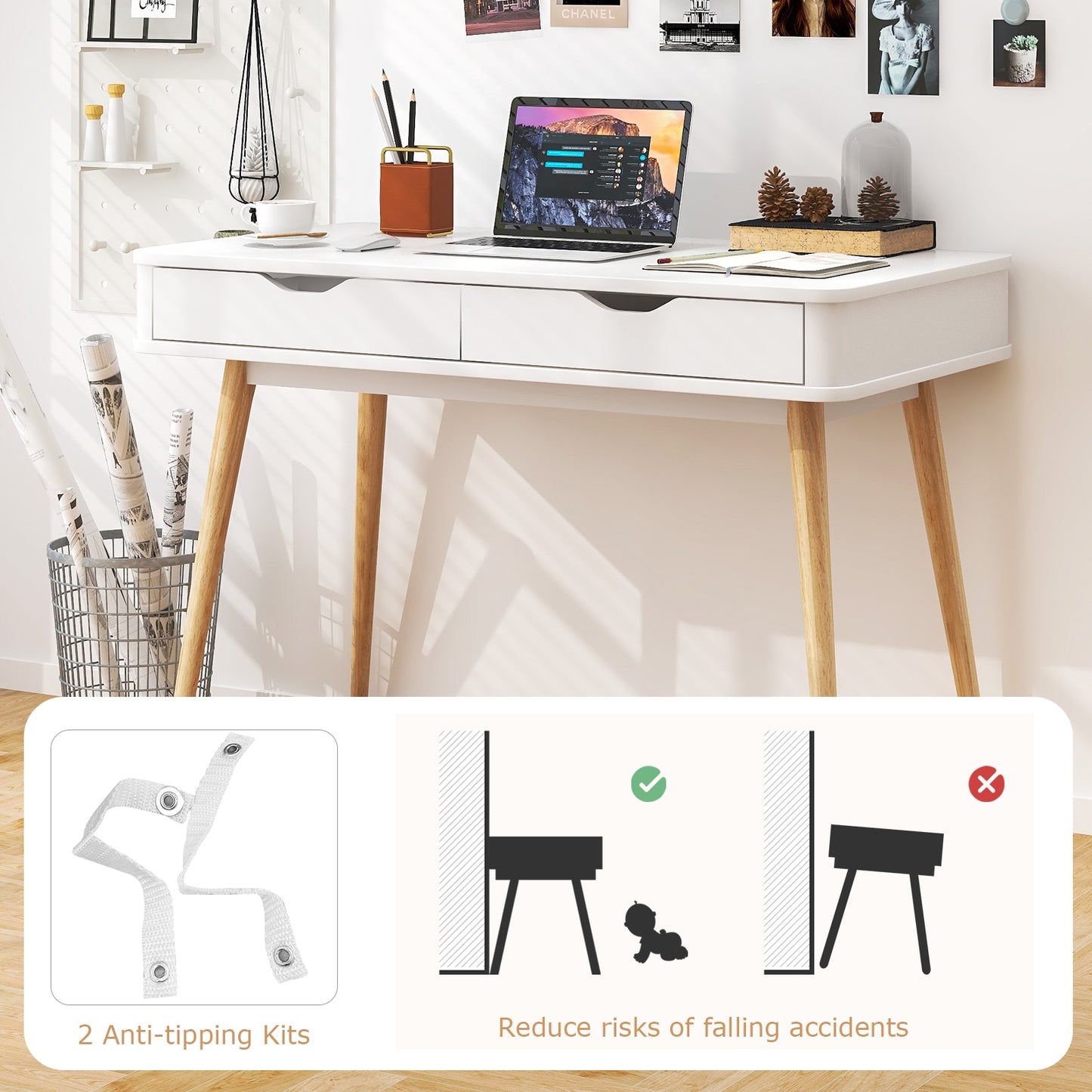 43.5 Inch Computer Desk With 2 Drawers, White Computer Desks at Gallery Canada