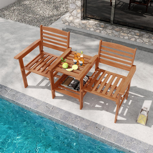 Outdoor Patio Wood 2-Seat Conversation Set, Coffee Table, Umbrella Hole, Natural