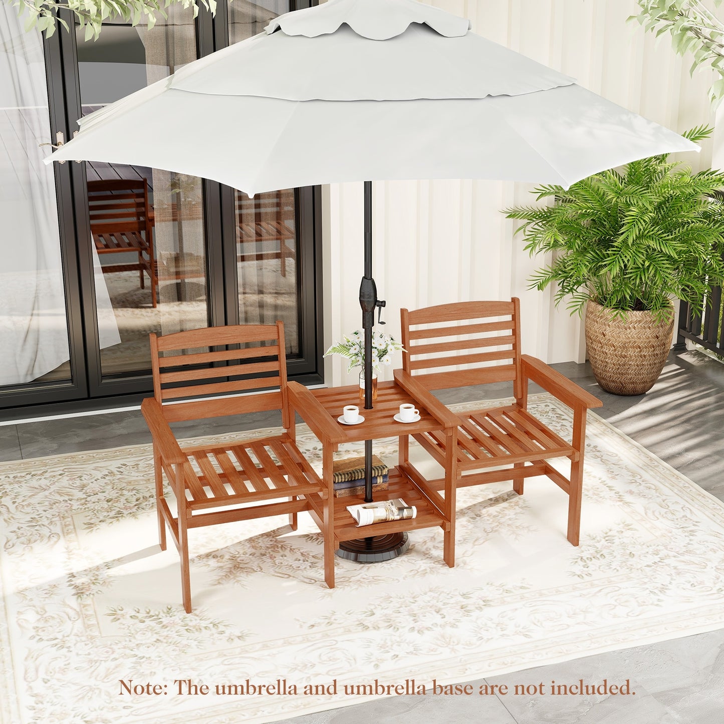 Ensemble de conversation en bois pour patio extérieur 2 places, table basse, trou pour parapluie, naturel