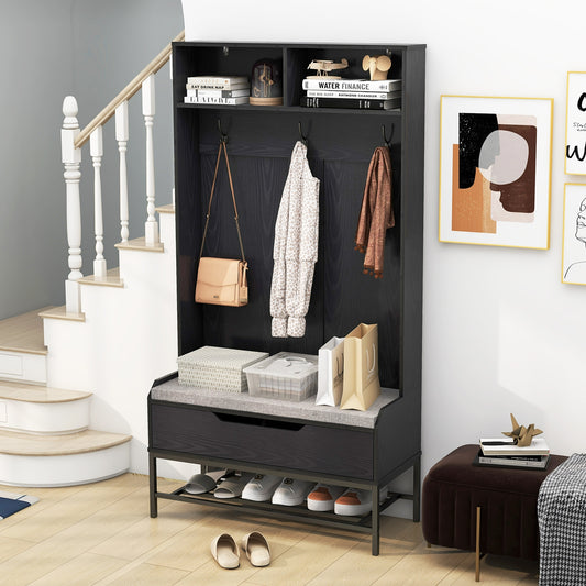 69 Inches Tall Hall Tree, 4-in-1 Coat Rack, Seat Cushion, Shoe Storage, Black Coat Racks & Hall Trees Black at Gallery Canada
