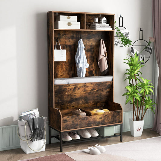 69 Inches Tall Hall Tree, 4-in-1 Coat Rack With Seat Cushion, Shoe Storage, Rustic Brown Coat Racks & Hall Trees Rustic Brown at Gallery Canada