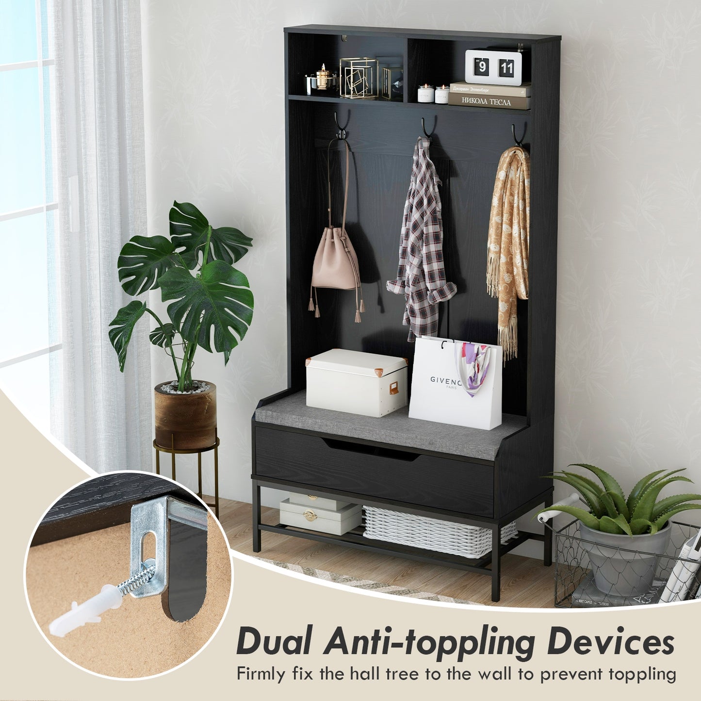 Arbre de hall de 69 pouces de haut, Porte-manteau 4-en-1, Coussin de siège, Rangement à chaussures, Noir
