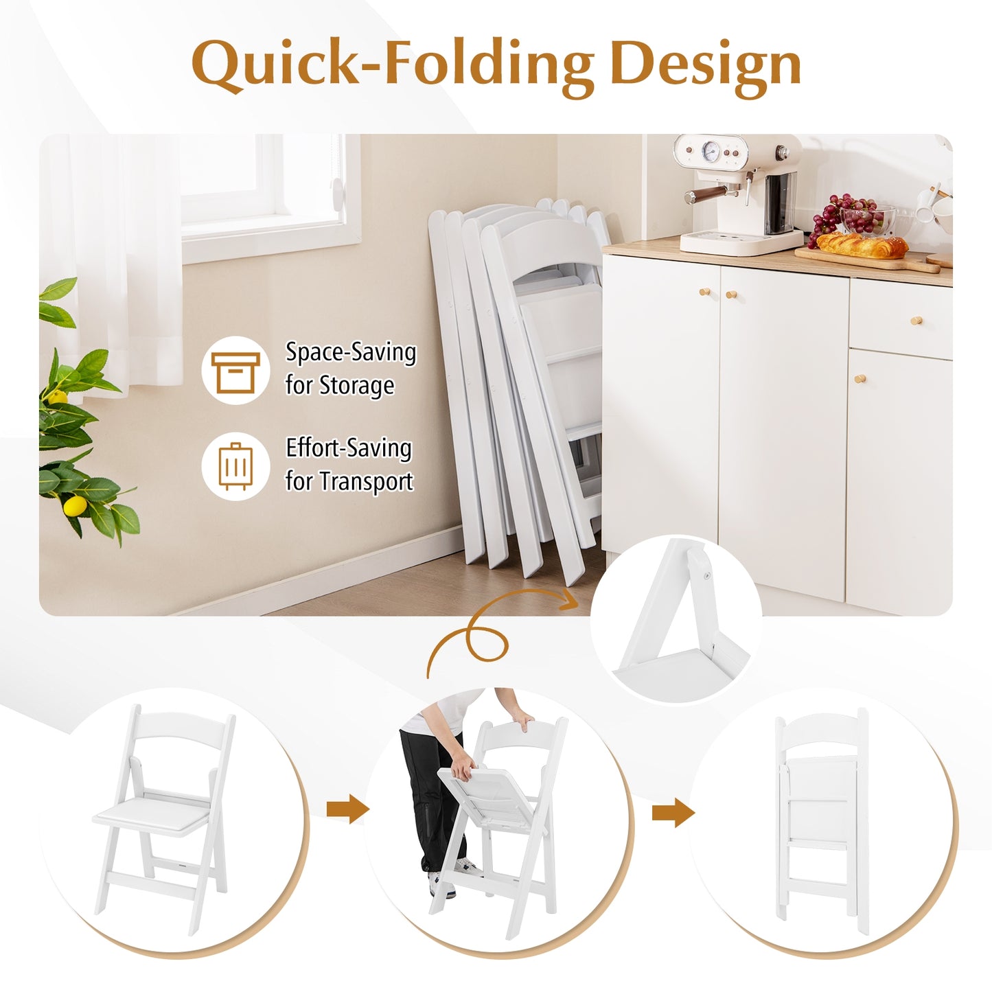 4 Pack Resin Folding Chairs, Padded Seat, White Dining Chairs at Gallery Canada