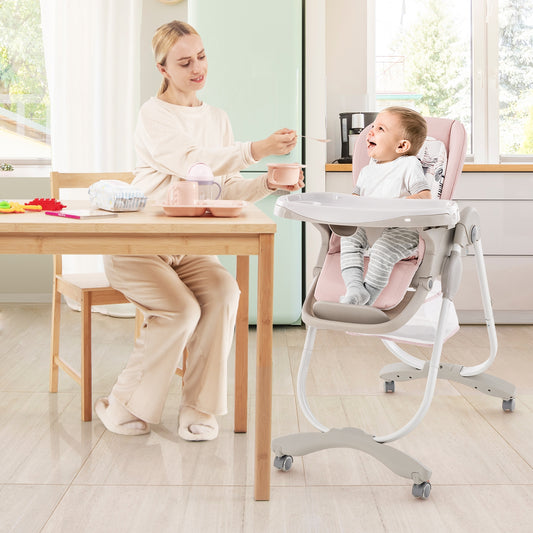 Multifunctional Folding Baby High Chair with Rolling Wheels and Adjustable Height, Pink High Chairs Pink at Gallery Canada