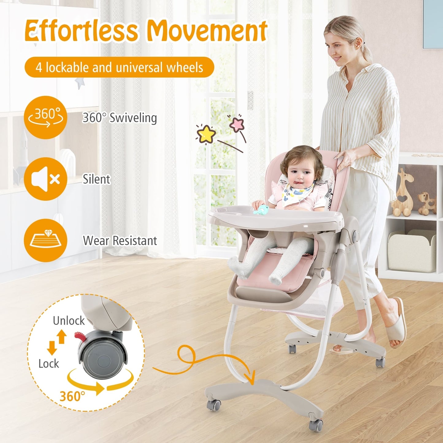 Folding Baby High Chair With Rolling Wheels, Adjustable Height, Pink High Chairs at Gallery Canada