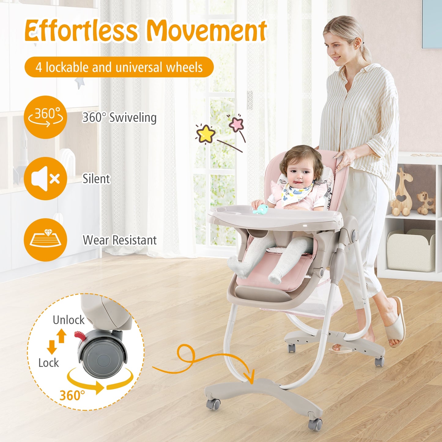 Chaise haute pliante pour bébé avec roulettes, hauteur réglable, rose