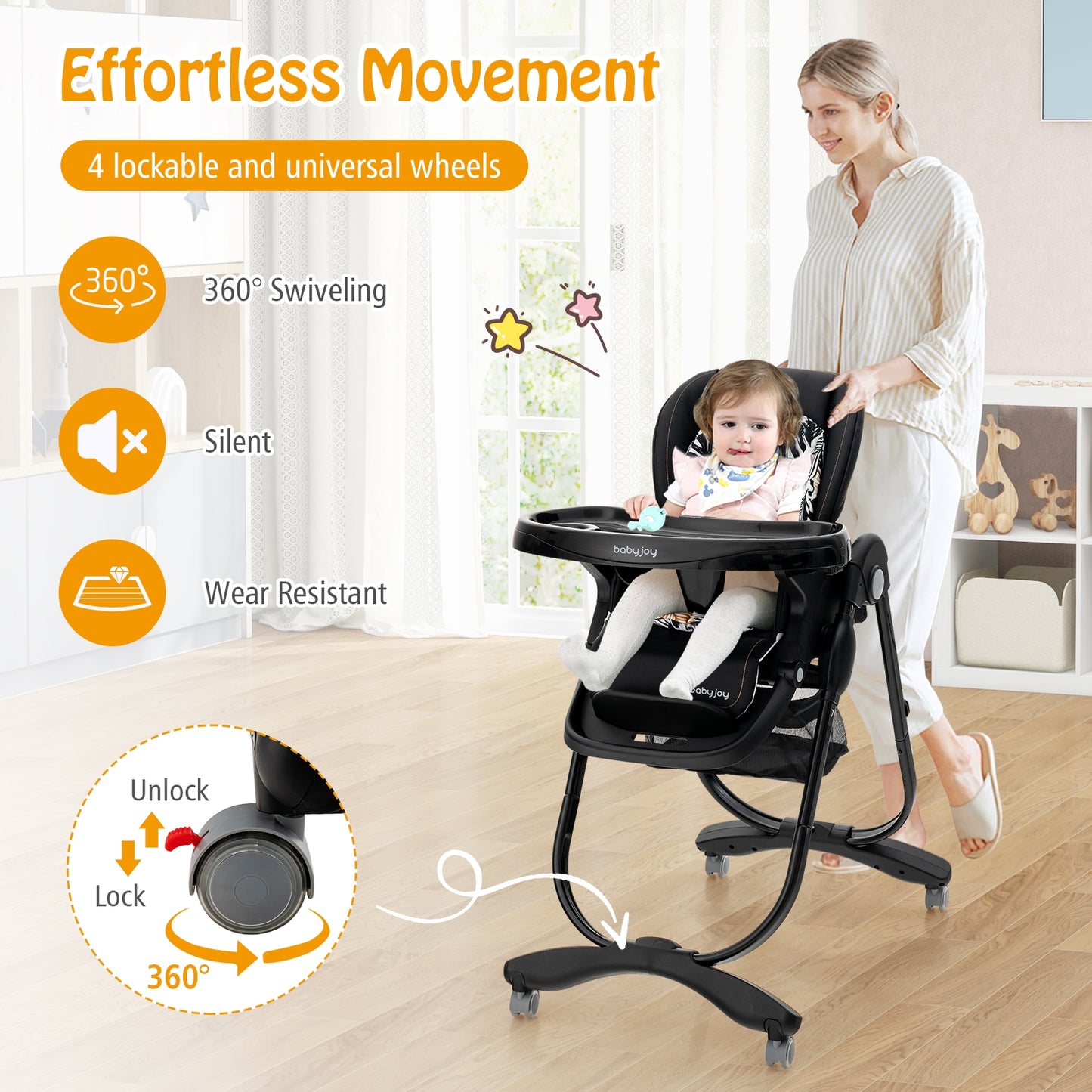 Chaise haute pliante pour bébé avec roues roulantes, hauteur réglable, noir