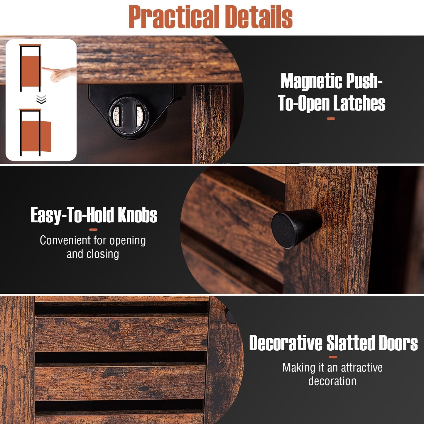 Industrial Buffet Cabinet, Slatted Door, 3 Adjustable Shelves, Rustic Brown