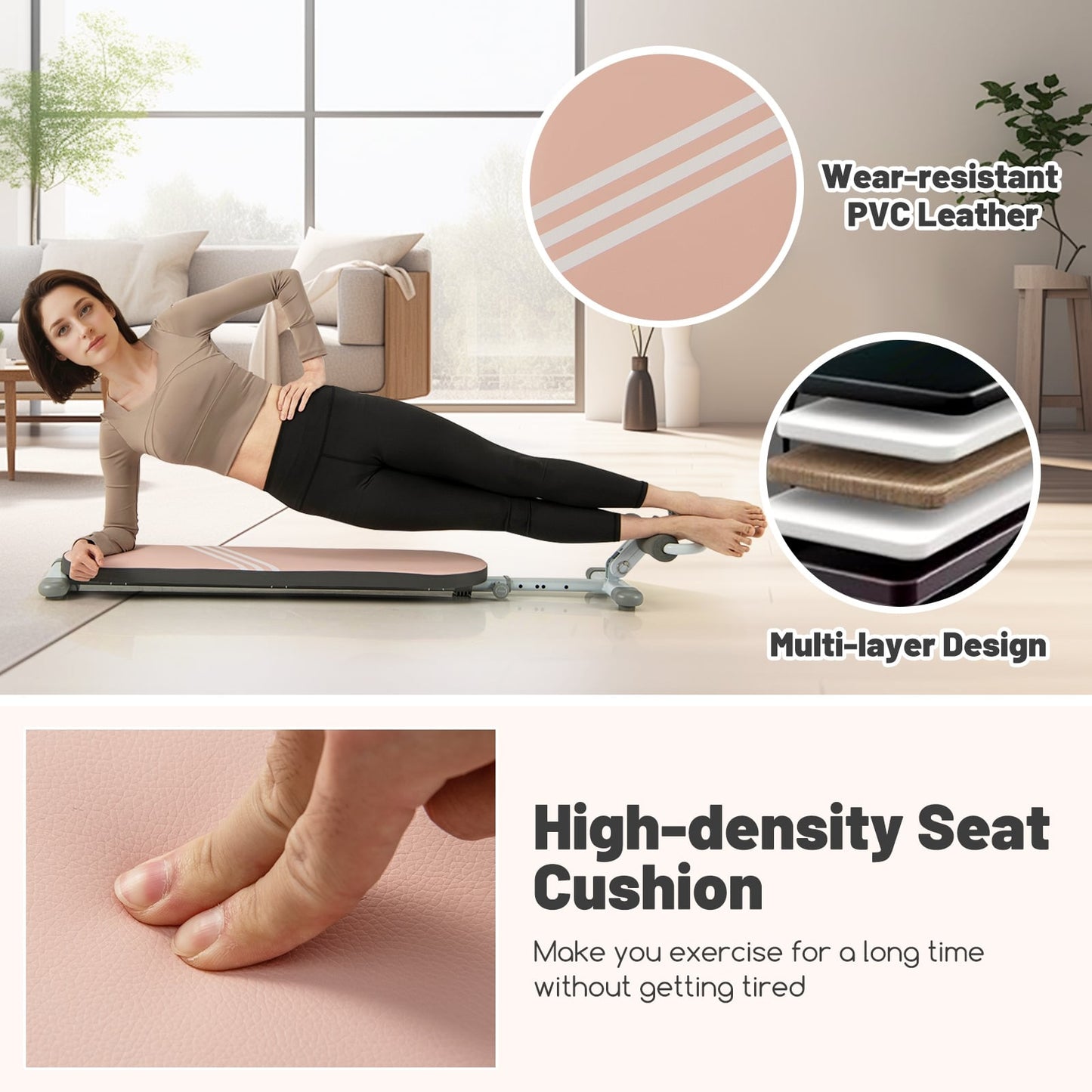 Banc de Sit-Up Multifonction, 3 Angles Réglables, Longueur Ajustable, Rose