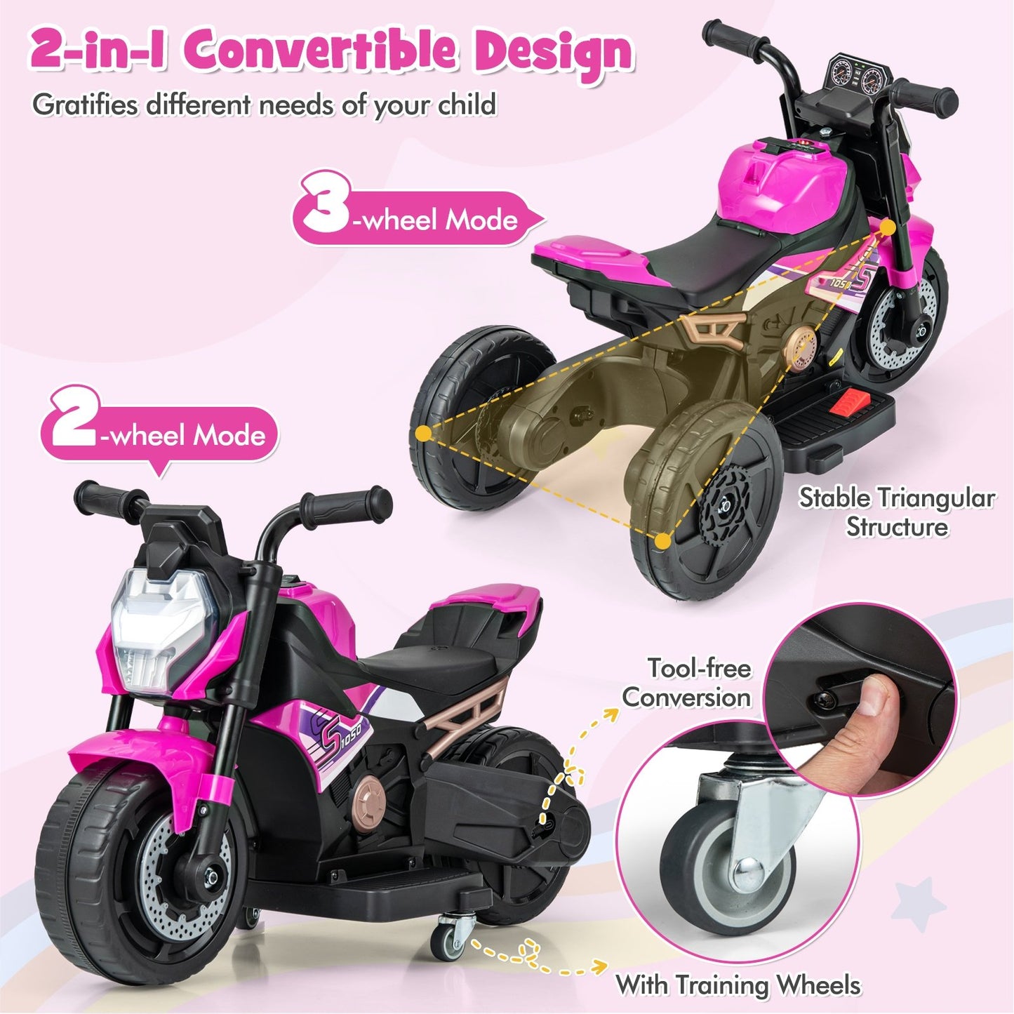 Kids Ride-on Motorcycle 6V Battery Powered Motorbike with Detachable Training Wheels, Pink