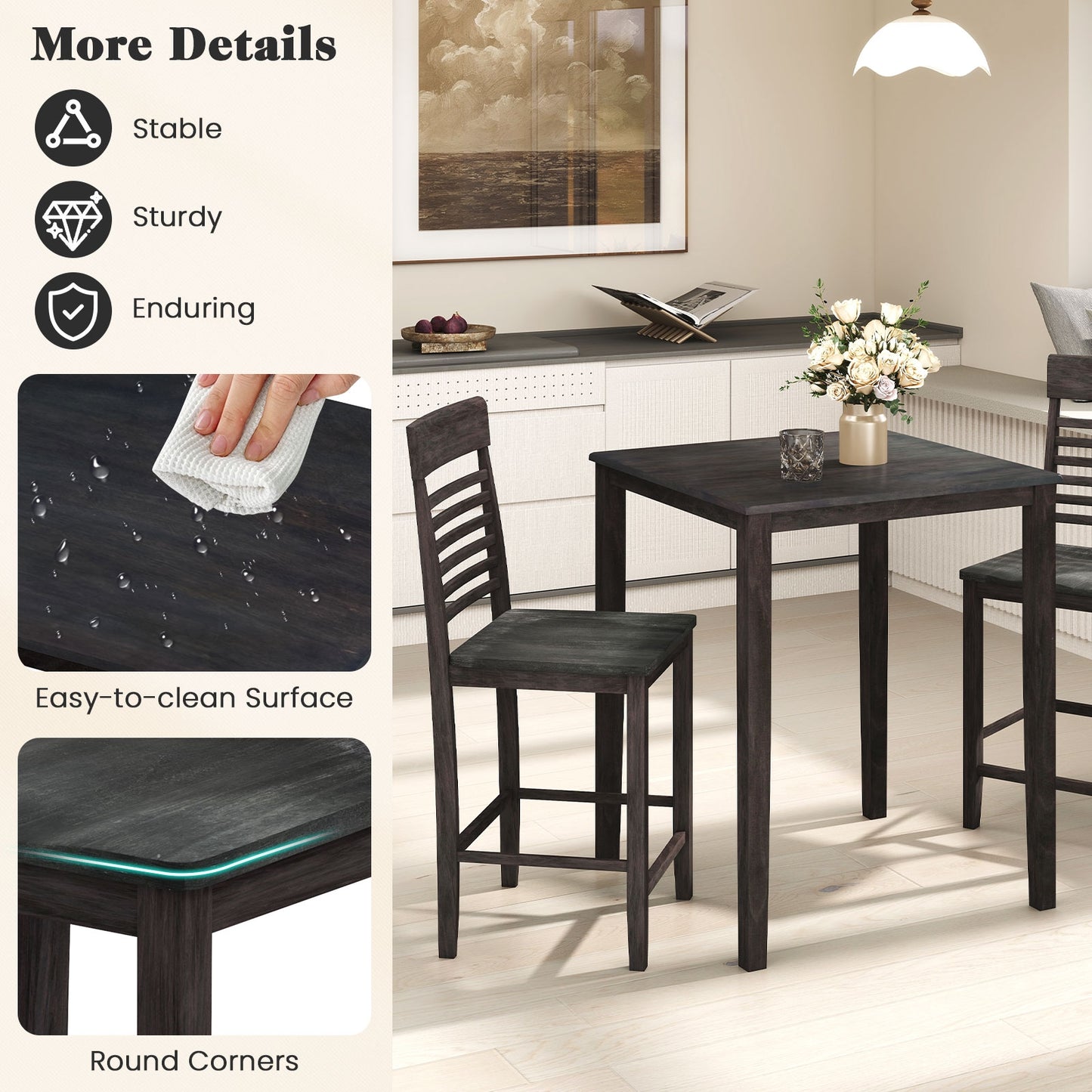 3-Piece Counter-Height Dining Table Set for 2 with Rubber Wood Frame and Footrest, Gray Dining Room Sets at Gallery Canada