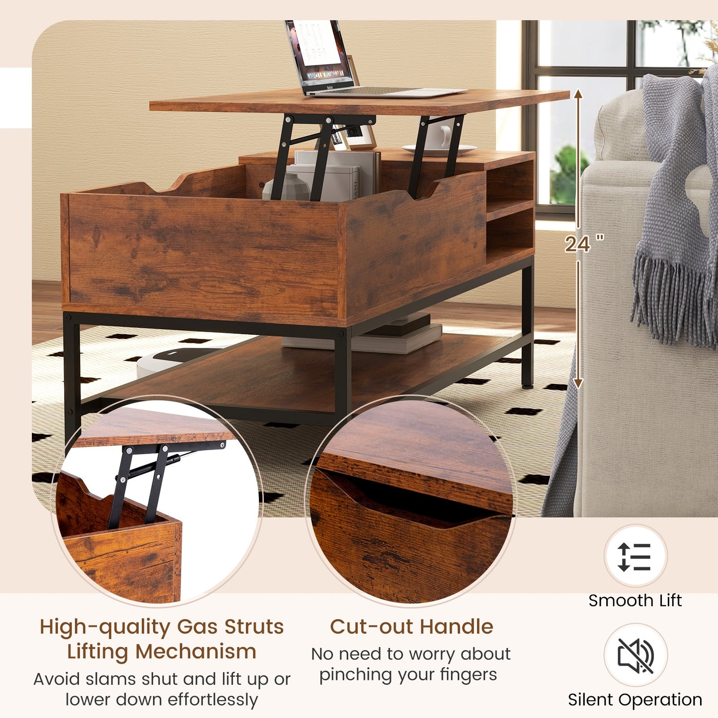 Table basse à plateau relevable, compartiment caché, étagère amovible, marron