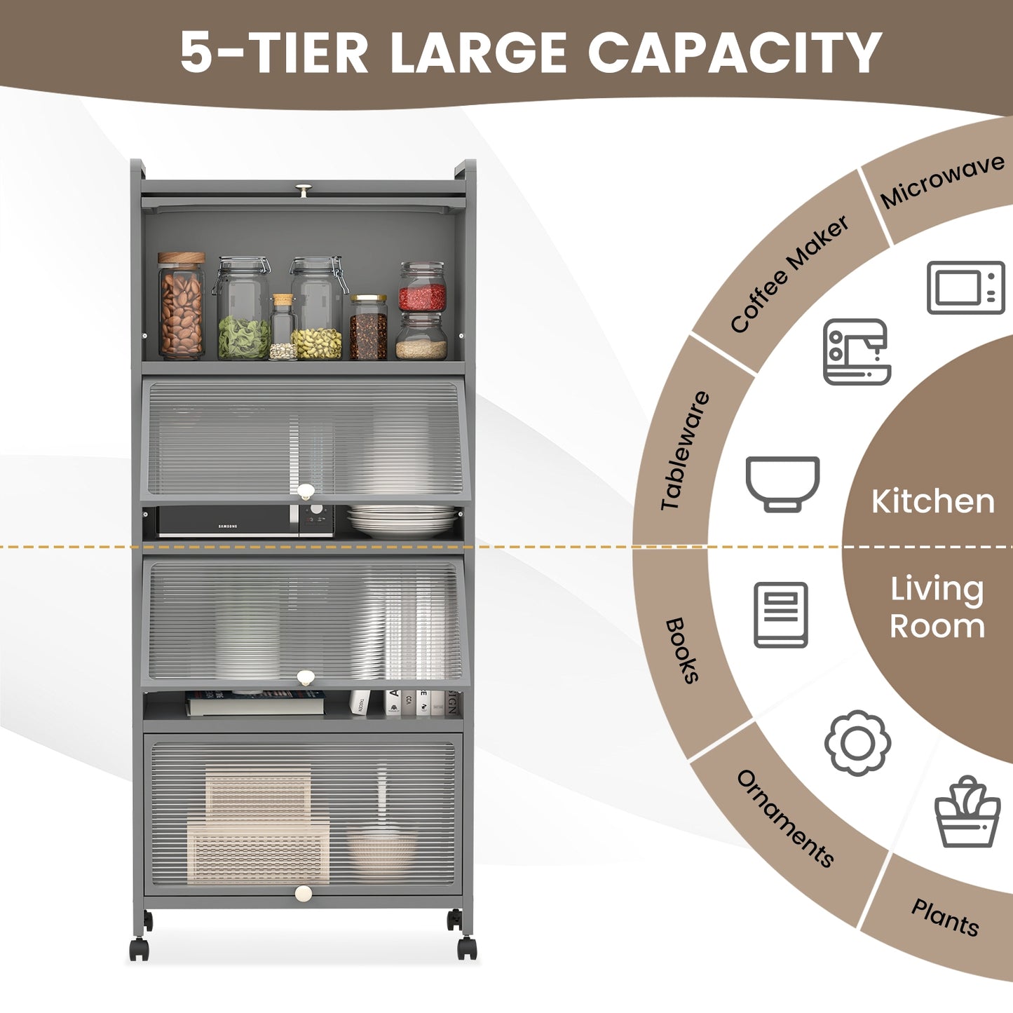 5-Tier Kitchen Baker's Rack with Flip-up PC Doors, Gray Baker's Racks at Gallery Canada