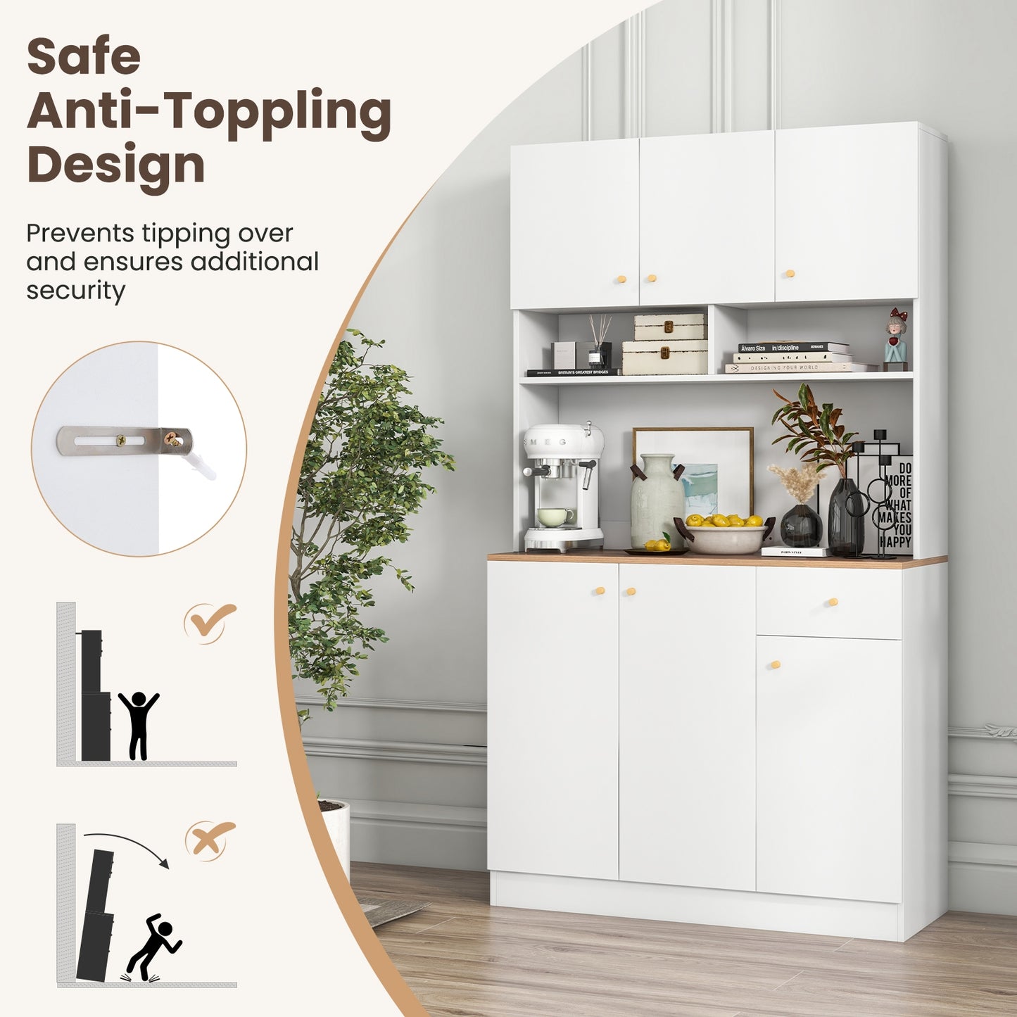 Armoire de garde-manger de 71 pouces de hauteur, avec prises pour salle à manger, blanche