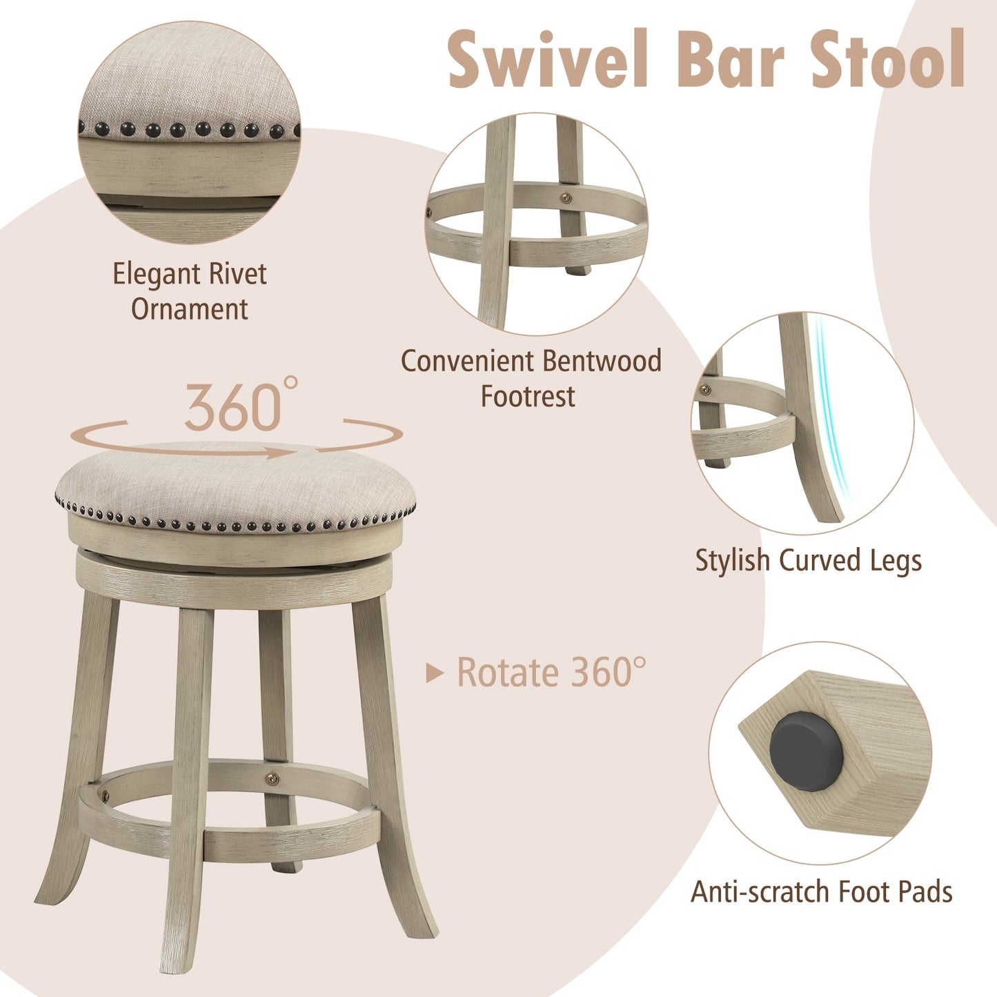Tabourets de bar pivotants, lot de 2, 60 centimètres, cadre en bois, beige