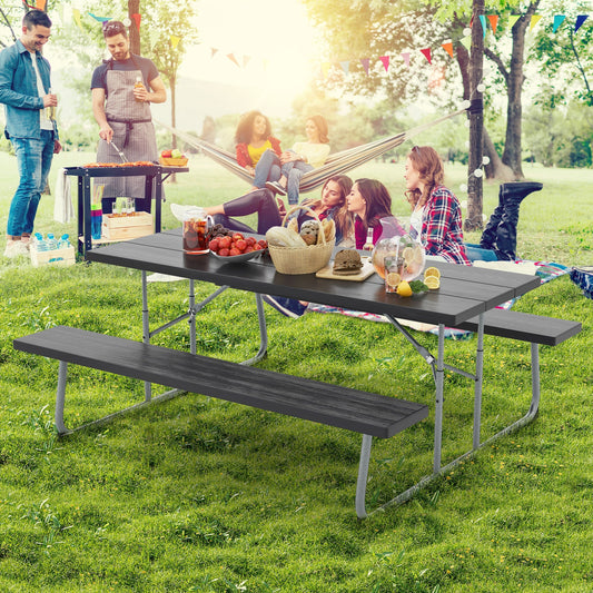 Folding Picnic Table Set, Metal Frame, HDPE Tabletop, Umbrella Hole, Black Outdoor Seating & Patio Chairs Black at Gallery Canada