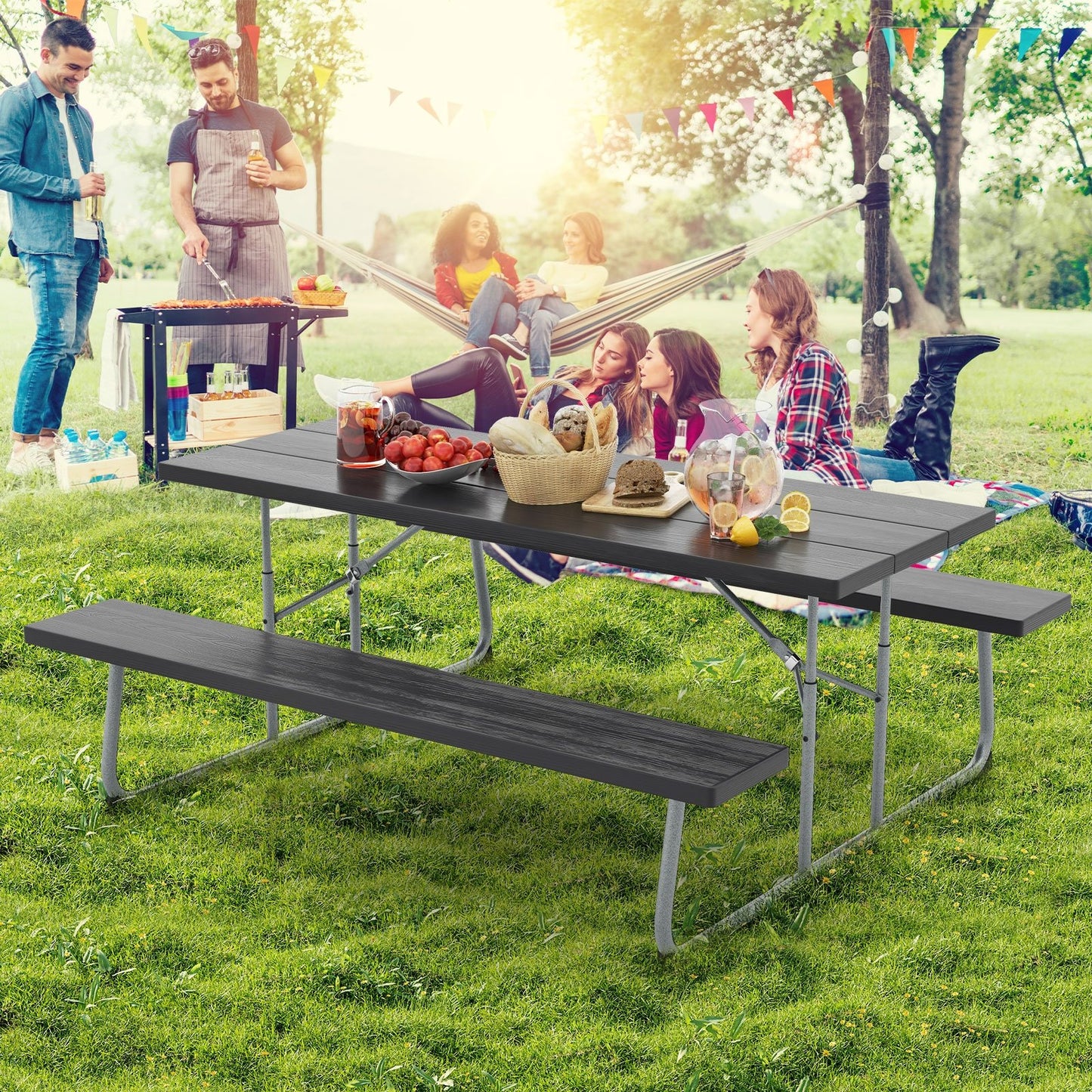 Folding Picnic Table Set with Metal Frame and All-Weather HDPE Tabletop  Umbrella Hole, Black