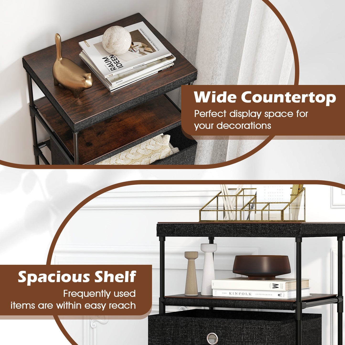 Fabric Storage Tower With Wood Top, Metal Frame, 3/4 Drawers, L, Black Dressers & Chests at Gallery Canada