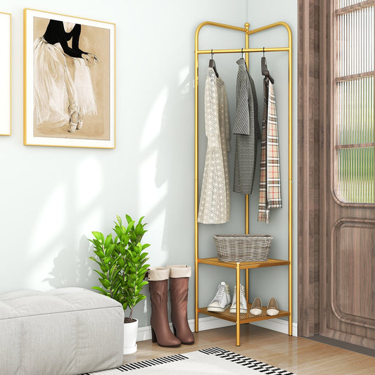 Corner Coat Rack With Top Hanger, 2 Mesh Shelves, Golden